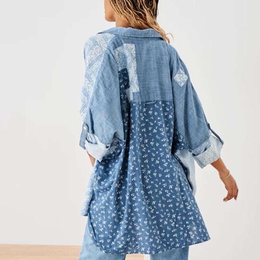 American Eagle Oversized Patchwork Denim Shirt Si… - image 1